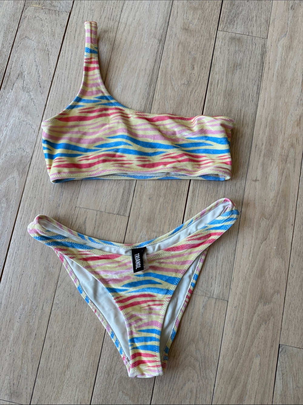 triangl swimwear One-Shoulder Bikini in Yellow, Blue & Pink Stripe